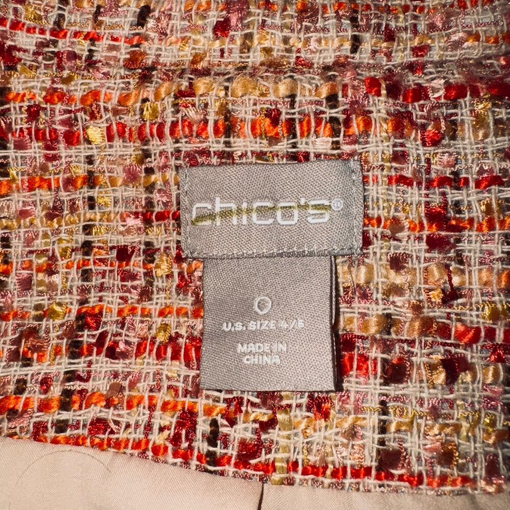 Chico's Size 0 (4/6) Embellished Pearls Tweed Woven Jacket Coral 3/4 Sleeve Coat - Picture 8 of 11